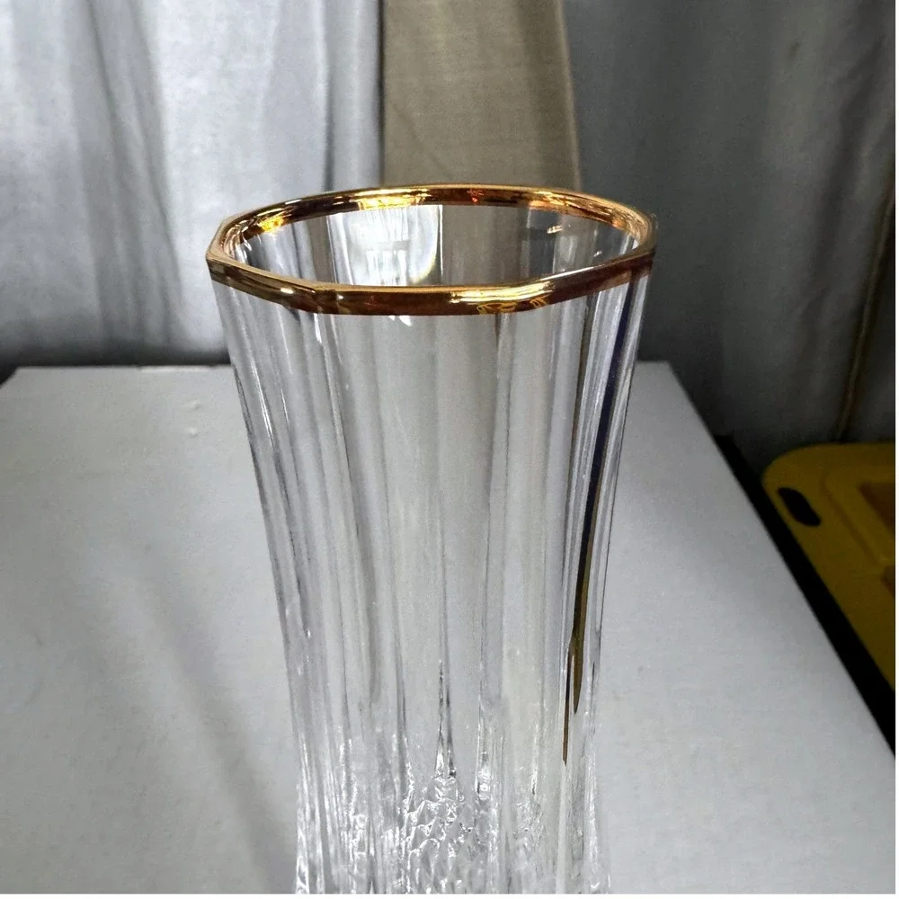 Vintage Gold Rim Octagonal Champagne Flutes Set of 2 Diamond Cut Glass Stemware